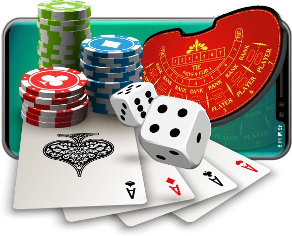 Baccarat table with cards, chips and dice on a mobile screen