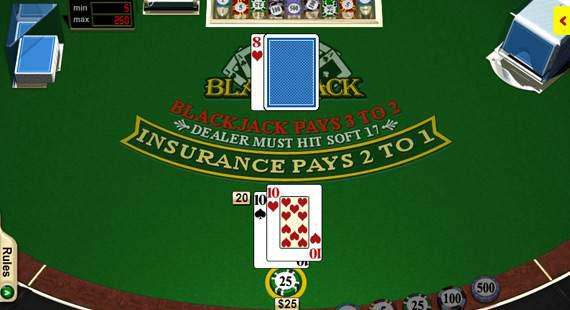 online blackjack table with 2 ten cards