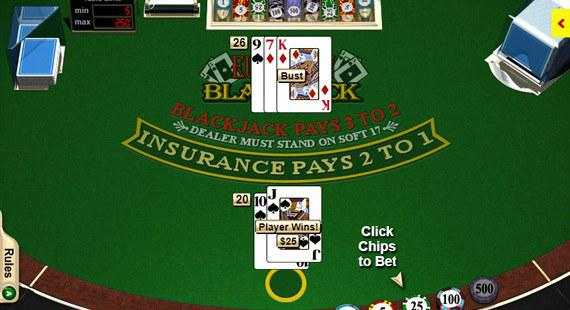 Blackjack table with winning player cards