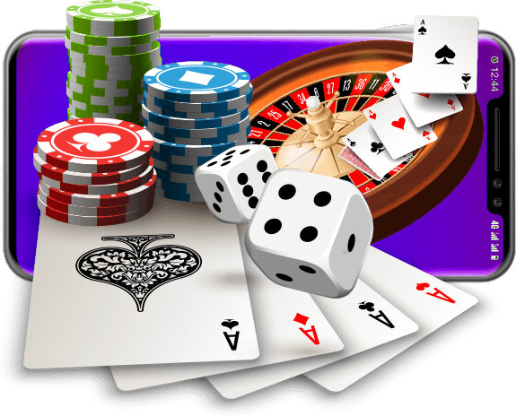 Casino chips, dice and card fan of aces with roulette wheel