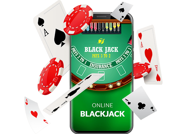 mobile phone screen with blackjack game while aces and chips flying around