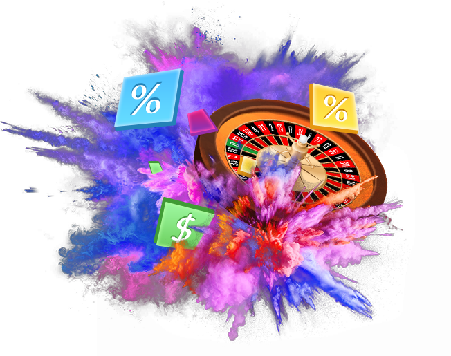 colorful explosion of roulette wheel with percentages and dollars