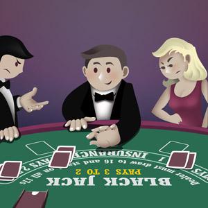 Player touching cards on a blackjack table