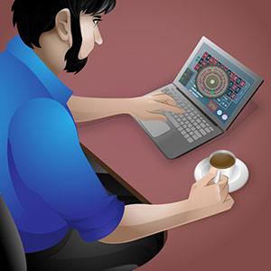 An illustration of a guy holding a cup of coffee while gambling online from his laptop.