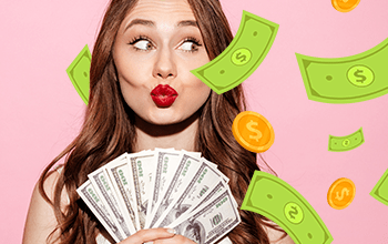 young woman holding fan of money