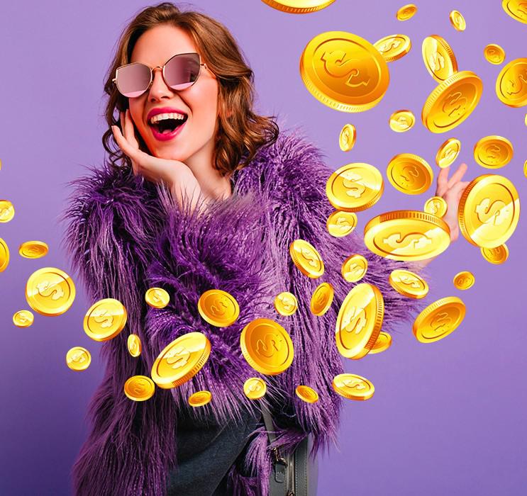 Female wearing sunglasses and purple fur coat with gold coins over background