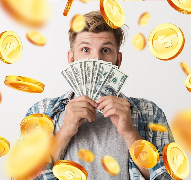 Male Keno player in chequered shirt holding money with gold coins falling in beige background