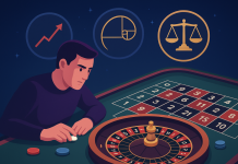 An ilustration of a man calculating roulette next to a roulette table