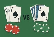 Playing cards and chips on a green surface