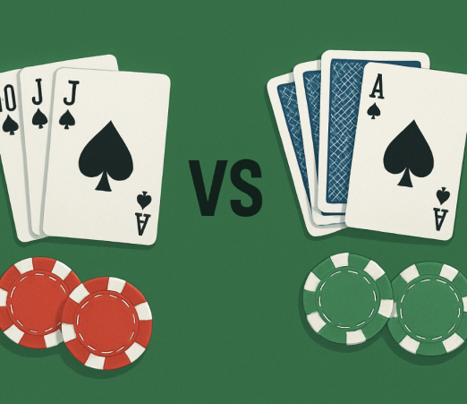 Playing cards and chips on a green surface