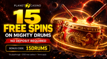 15 Free Spins on Mighty Drums at Planet 7 Casino